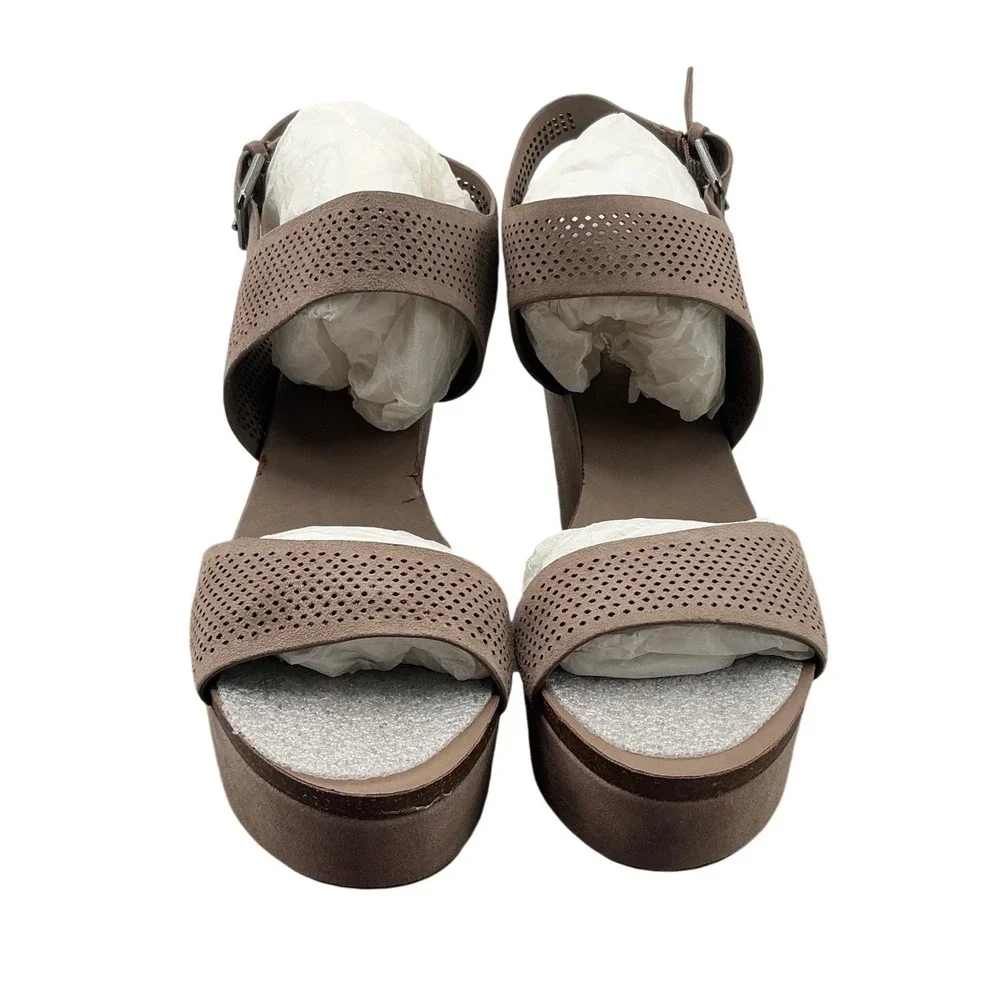 Vince Camuto Vessinta Taupe Suede Perforated Platform‎ Wedge Sandals 9.5M